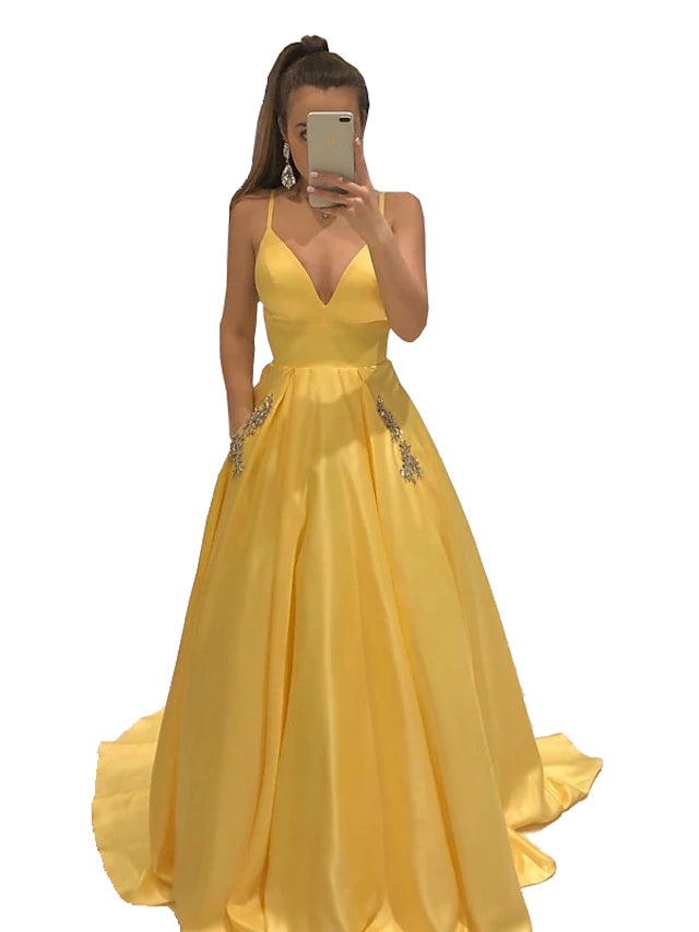 A-Linie Abendkleid mit offenem Rücken, Partykleid, Sweep/Pinselzug, ärmellos, V-Ausschnitt, Satin mit Kristallen und Perlen